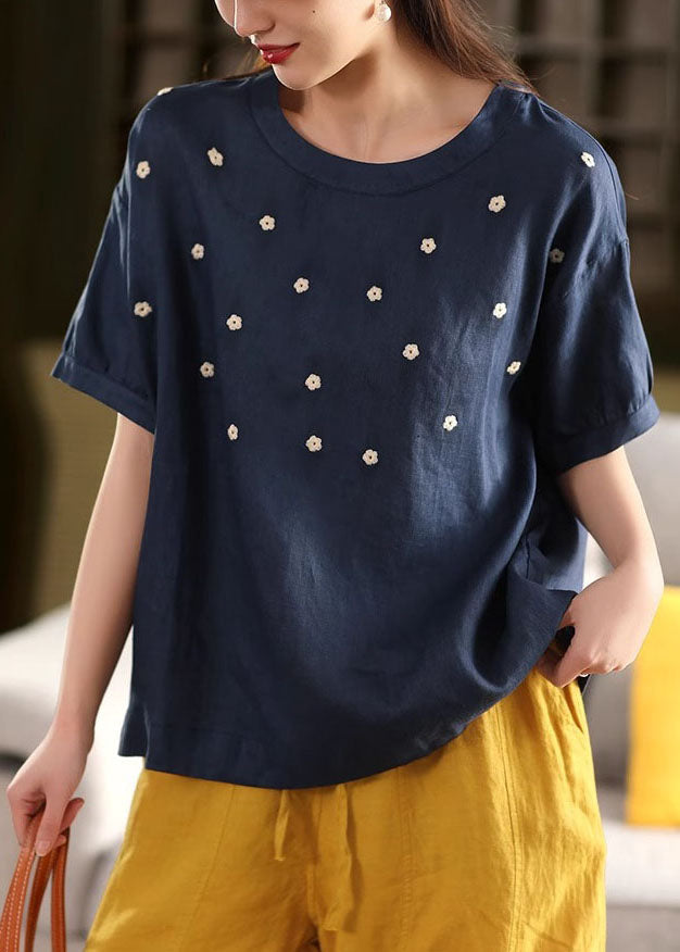 Casual White O-Neck Embroideried Linen Tops Summer