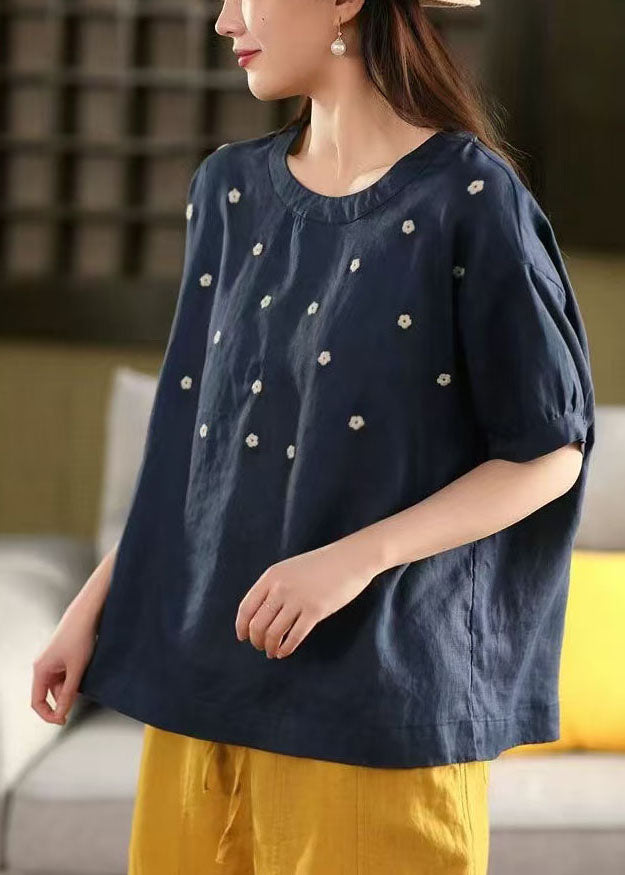 Casual White O-Neck Embroideried Linen Tops Summer