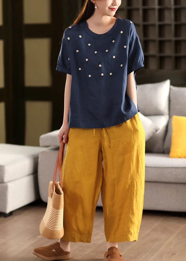 Casual White O-Neck Embroideried Linen Tops Summer