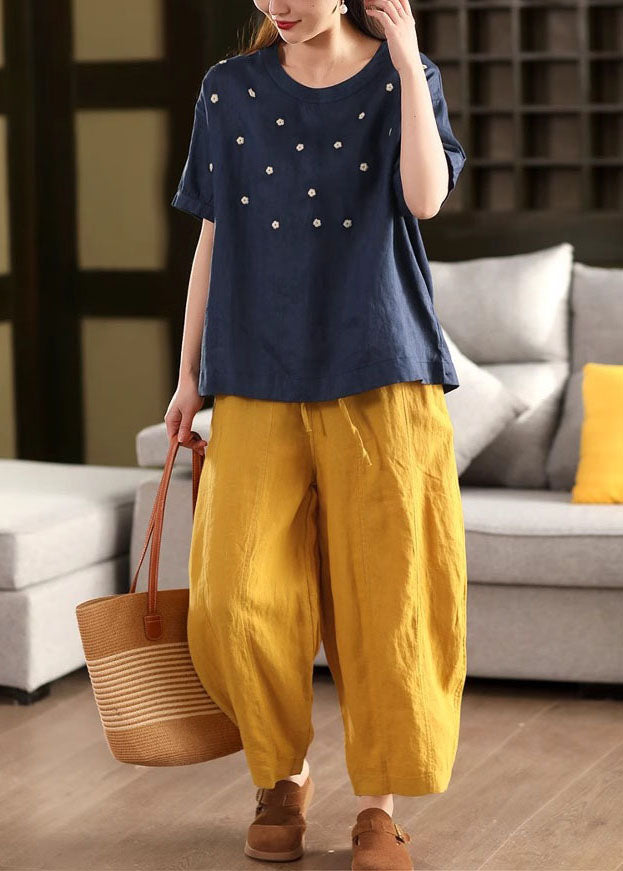 Casual White O-Neck Embroideried Linen Tops Summer
