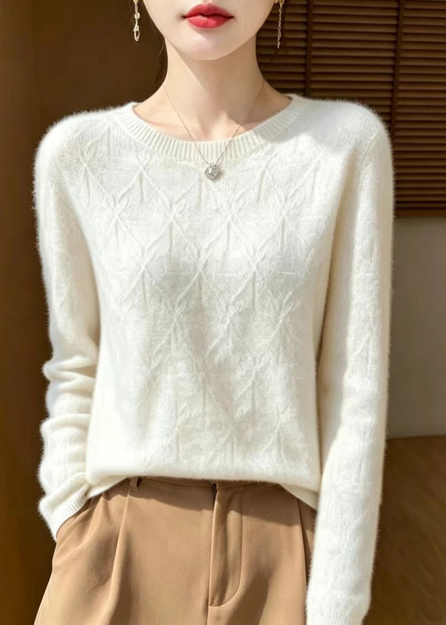Casual White O-Neck Knitted Cotton Thread Shirts Fall