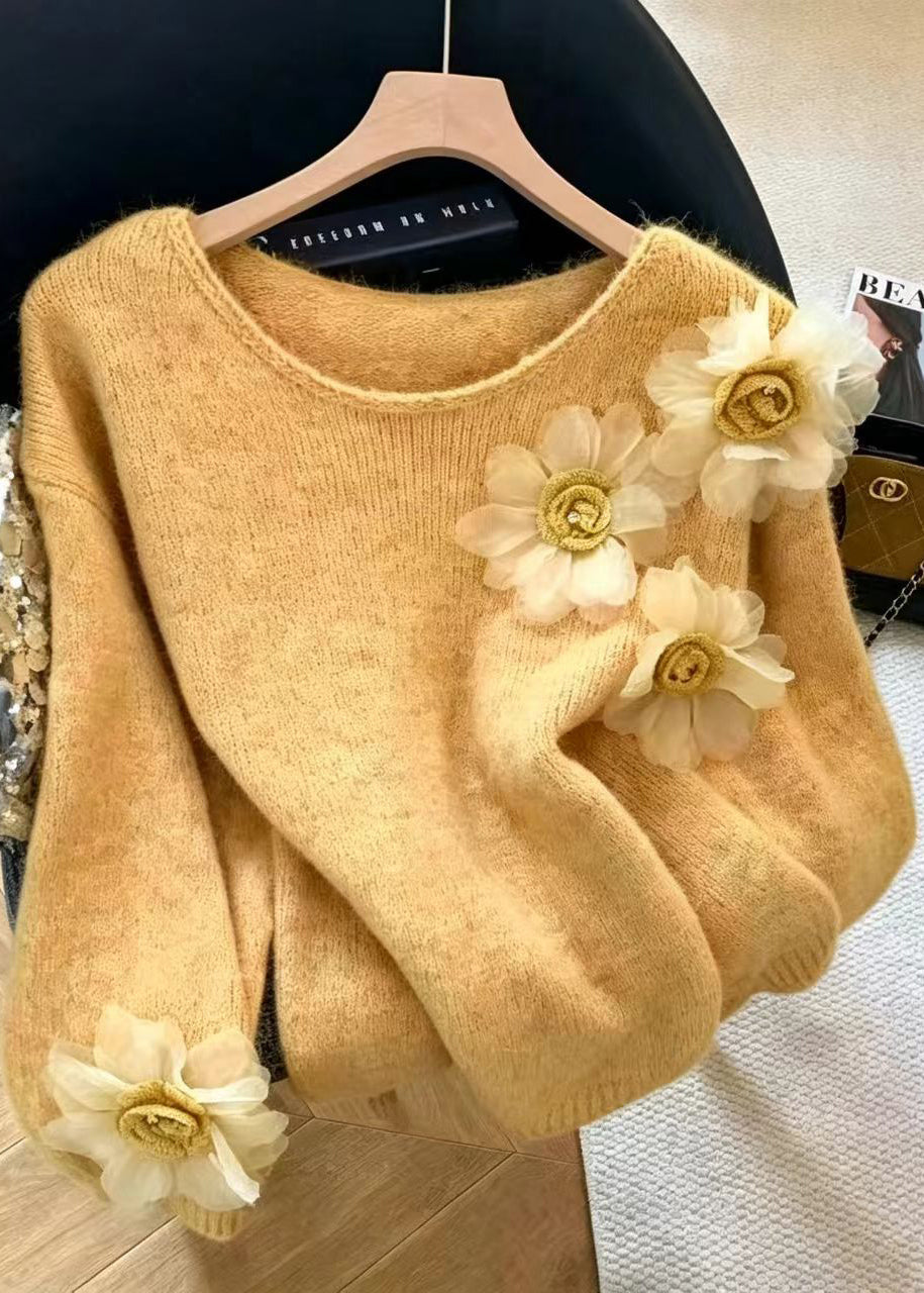 Casual White O-Neck Stereoscopic Floral Knit Sweaters Fall