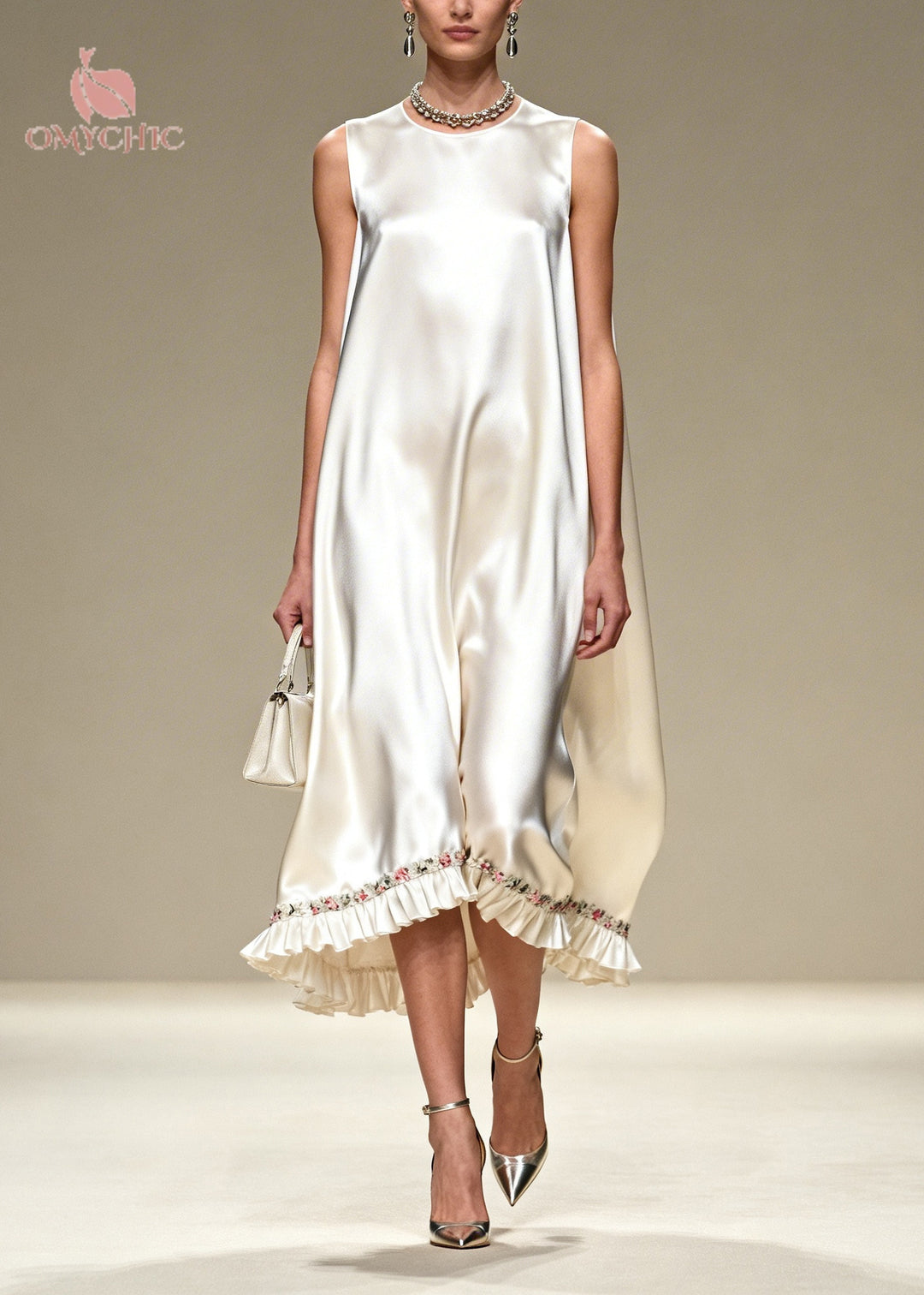 Casual White Oversized Draping Silk Dress Sleeveless