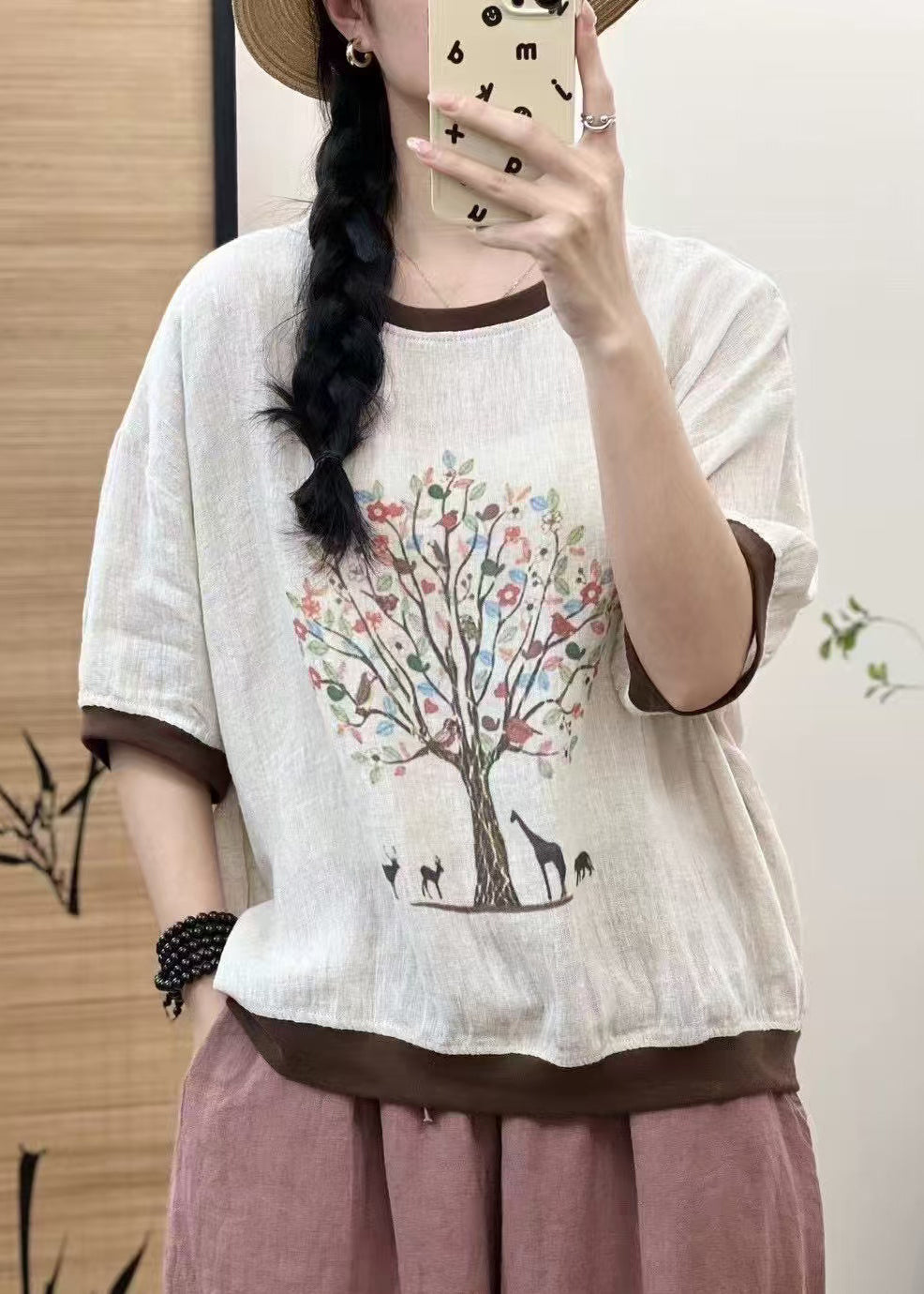 Casual White Oversized Patchwork Print Linen Tops Sleeveless
