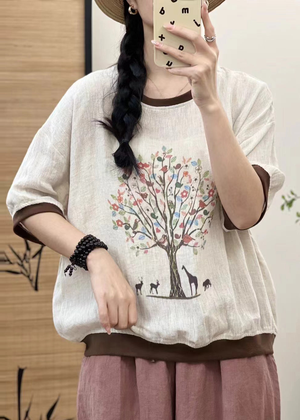 Casual White Oversized Patchwork Print Linen Tops Sleeveless
