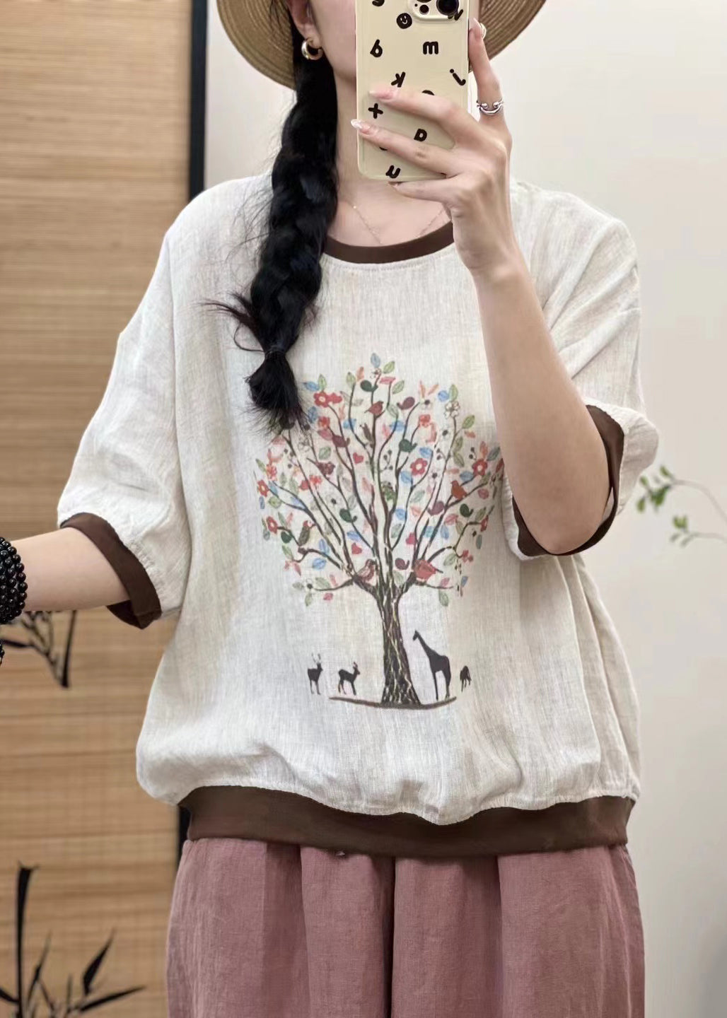 Casual White Oversized Patchwork Print Linen Tops Sleeveless