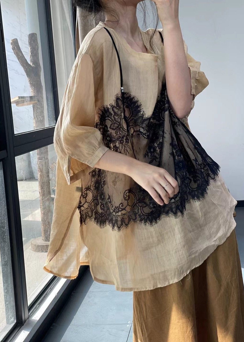 Casual White Patchwork Side Open Fake Two-Piece T Shirt Half Sleeve