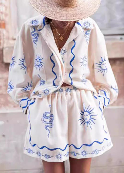 Casual White Peter Pan Collar Print Elastic Waist Linen Two Pieces Set Spring