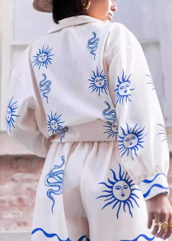 Casual White Peter Pan Collar Print Elastic Waist Linen Two Pieces Set Spring