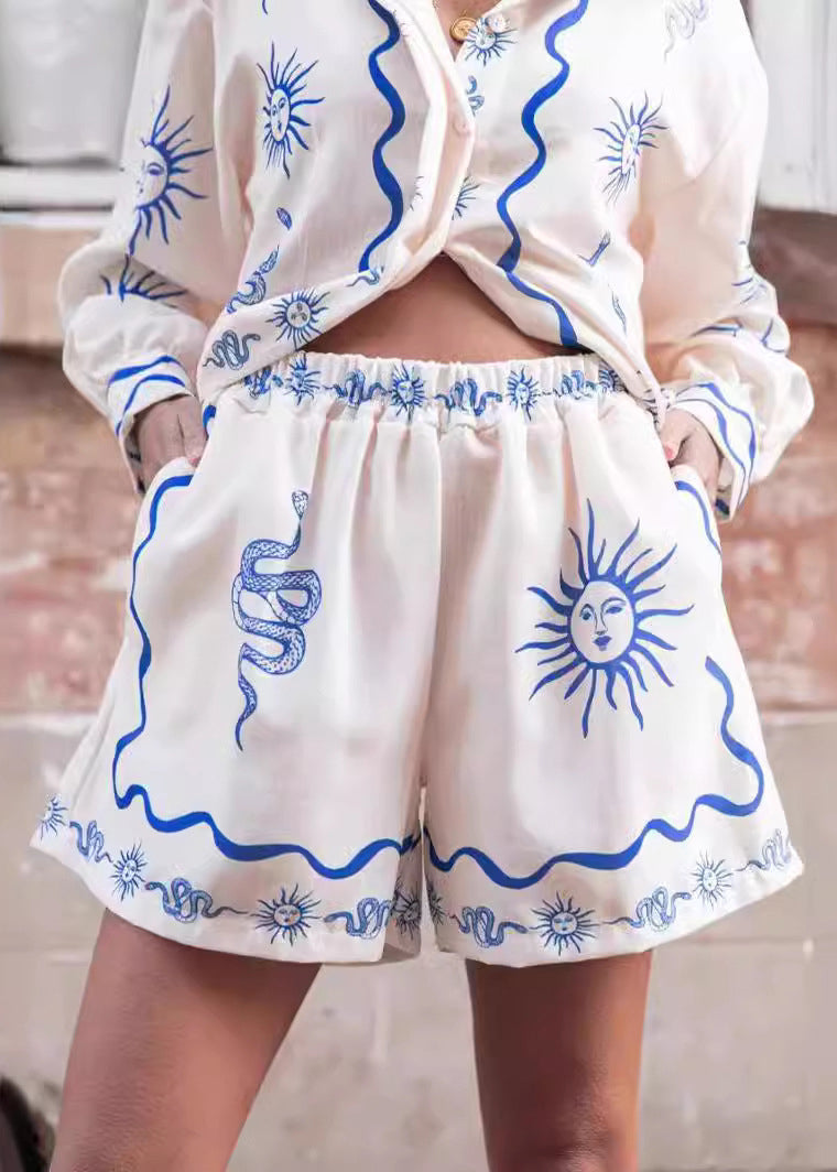 Casual White Peter Pan Collar Print Elastic Waist Linen Two Pieces Set Spring