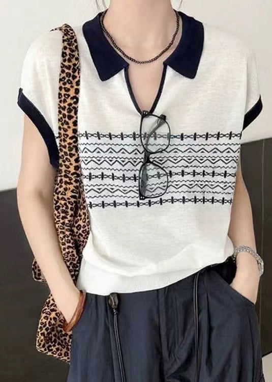 Casual White Peter Pan Collar Print Knit Top Summer