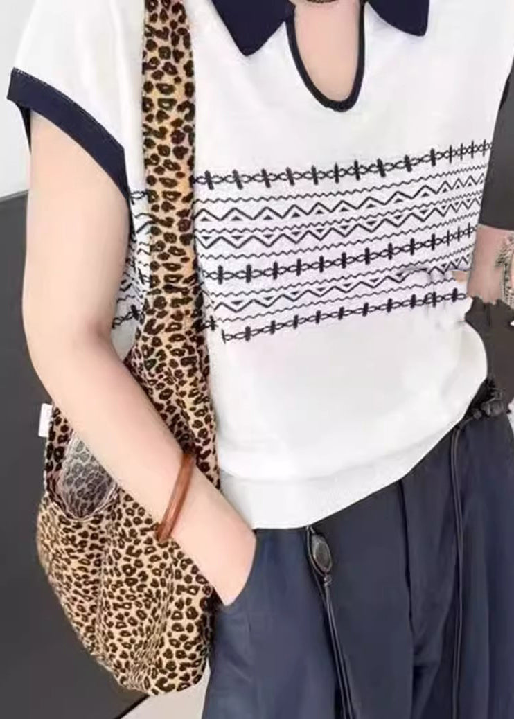 Casual White Peter Pan Collar Print Knit Top Summer