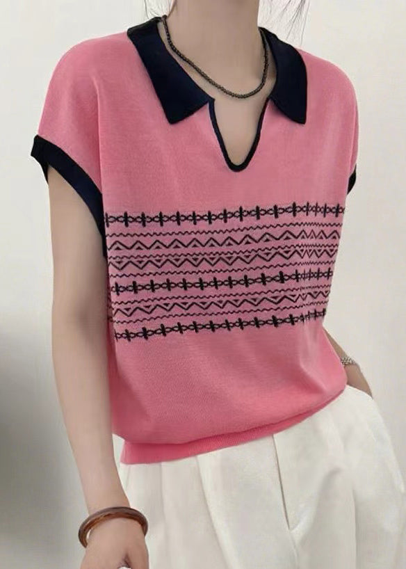 Casual White Peter Pan Collar Print Knit Top Summer
