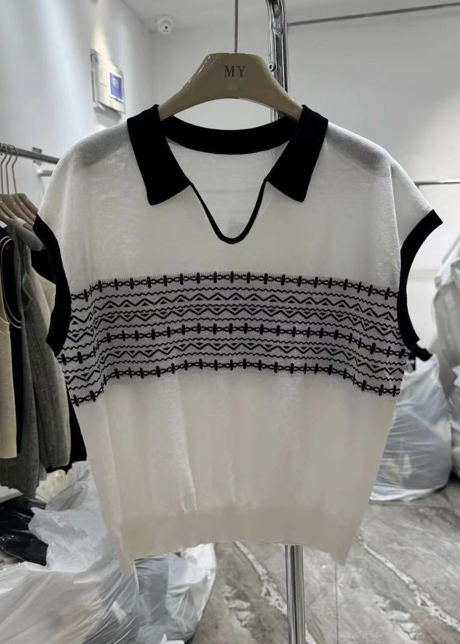 Casual White Peter Pan Collar Print Knit Top Summer
