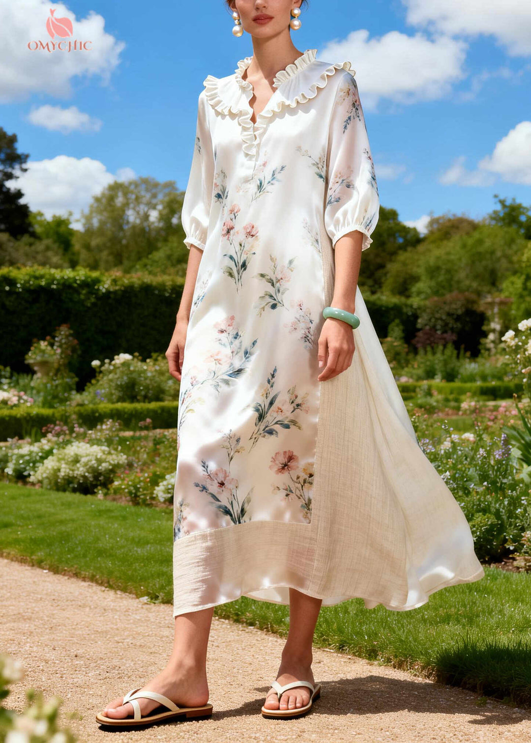 Casual White Ruffled Patchwork Print Linen Silk Dresses Summer