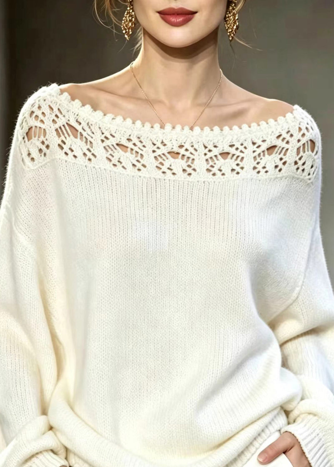 Casual White Slash Neck Hollow Out Crochet Knit Sweater Tops Fall