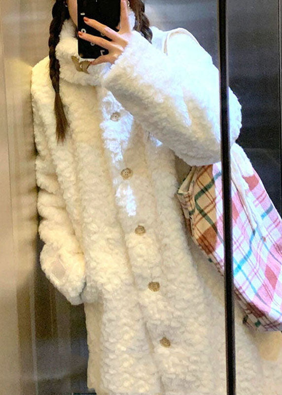 Casual White Stand Collar Button Warm Faux Fur Long Coats Winter