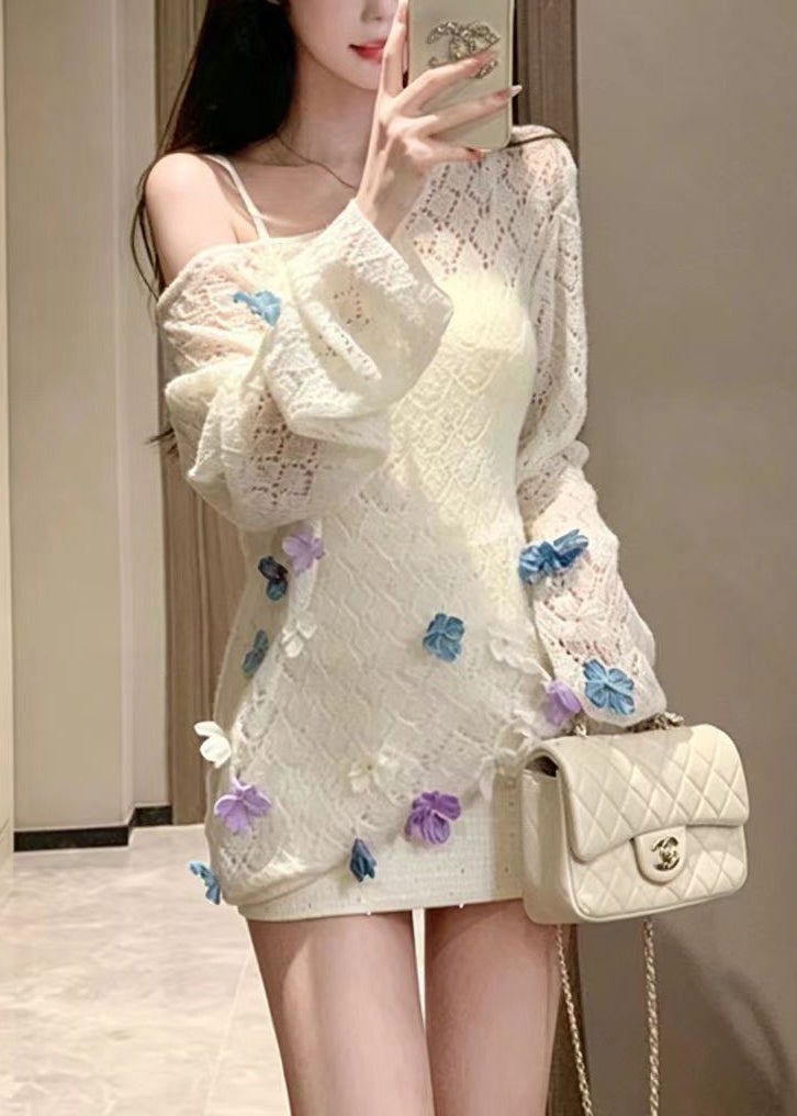 Casual White Stereoscopic Floral Hollow Out Knit Sweaters Fall