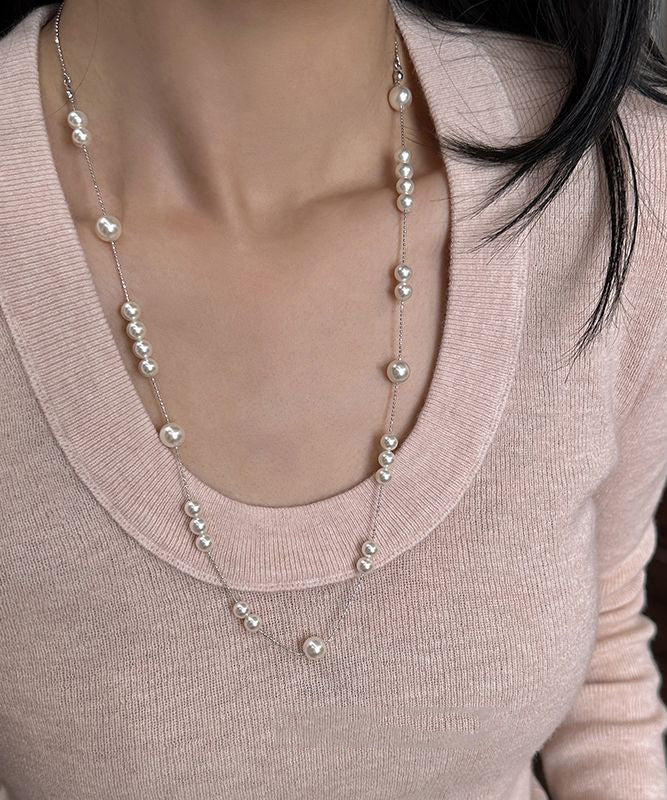 Casual White Sterling Silver Pearl Starry Sky Gratuated Bead Necklace