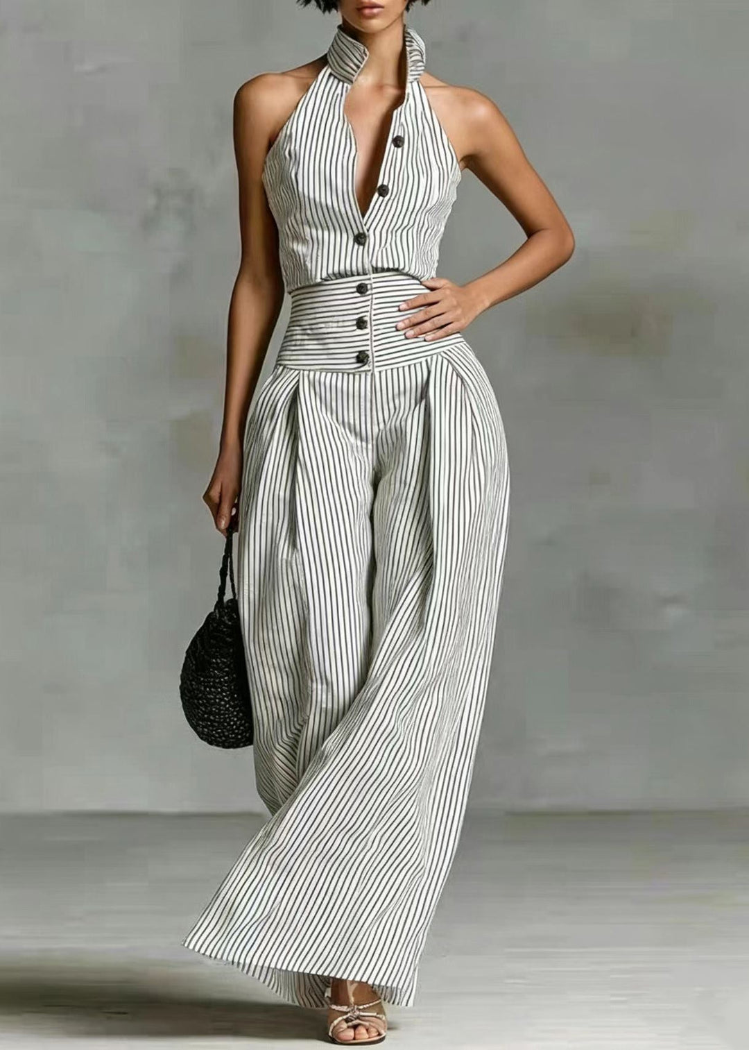 Casual White Striped Stand Collar Button Jumpsuit Sleeveless