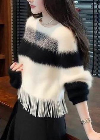 Casual White Tasseled Striped Fuzzy Fur Fluffy Sweaters Winter