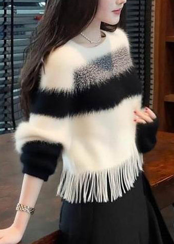 Casual White Tasseled Striped Fuzzy Fur Fluffy Sweaters Winter