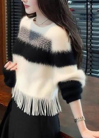 Casual White Tasseled Striped Fuzzy Fur Fluffy Sweaters Winter