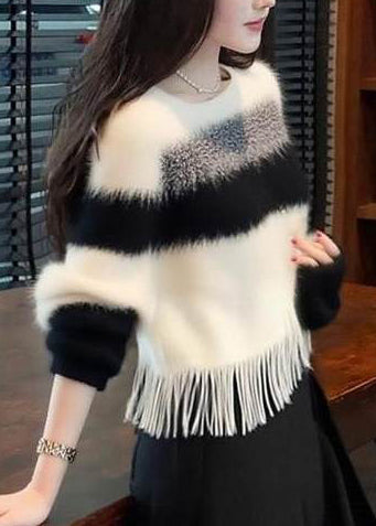 Casual White Tasseled Striped Fuzzy Fur Fluffy Sweaters Winter