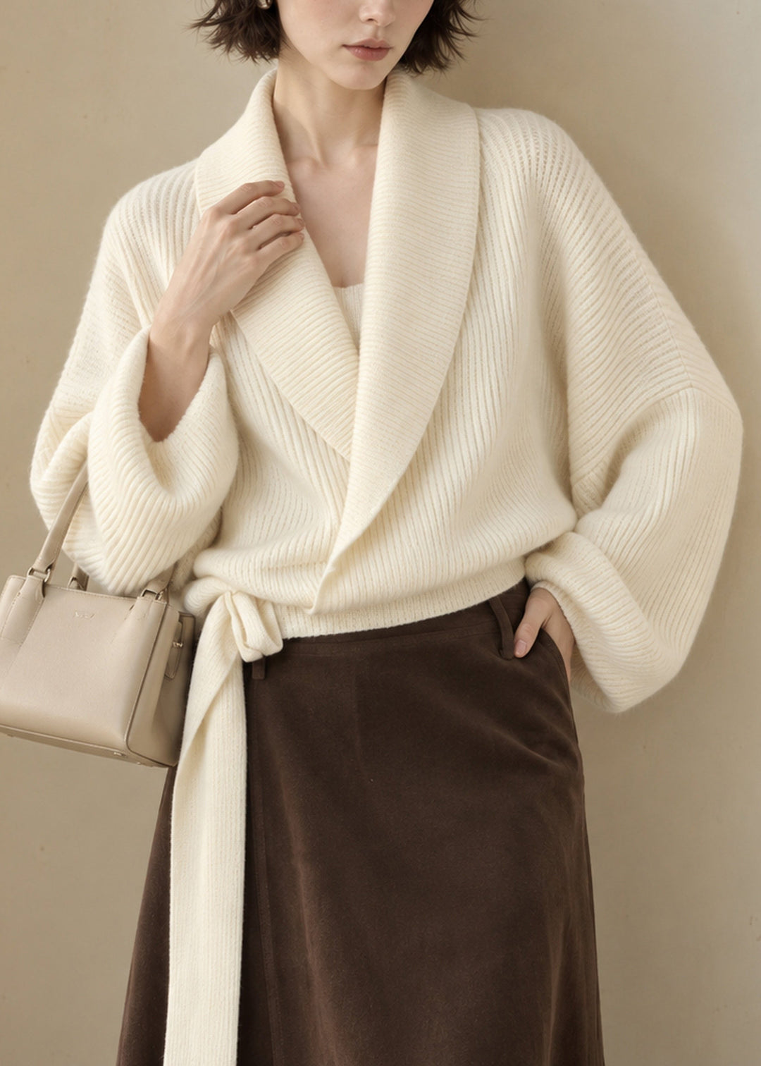 Casual White Turn-Down Collar Wrap Cross Tie Knit Sweater Lantern Sleeve