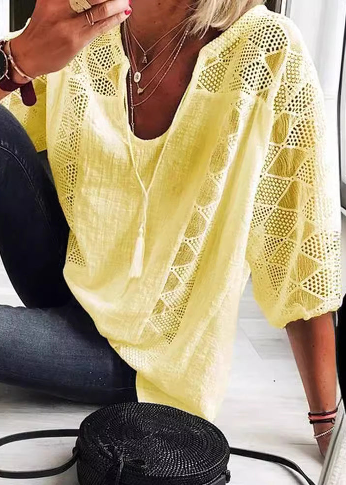 Casual White U Neck Hollow Out Patchwork Cotton Blouses Summer
