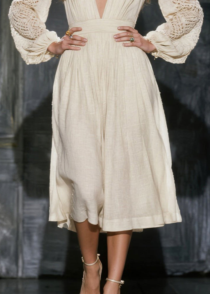 Casual White V Neck Hollow Out Linen Maxi Dress Spring