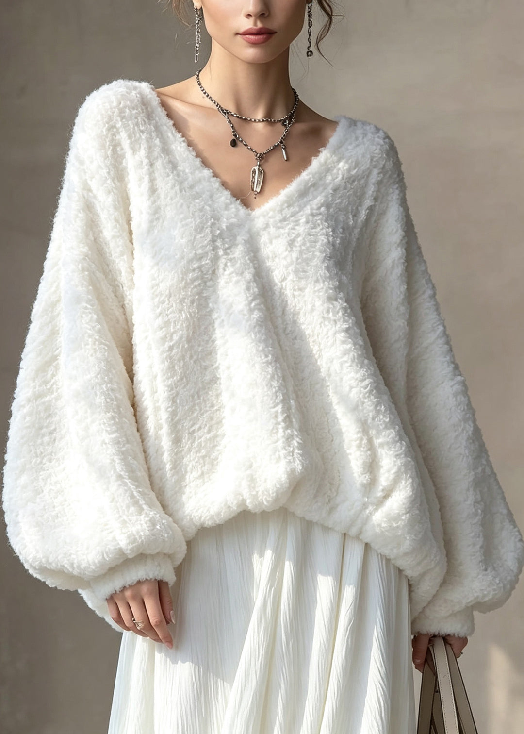 Casual White V Neck Patchwork Faux Fur Blouse Tops Fall