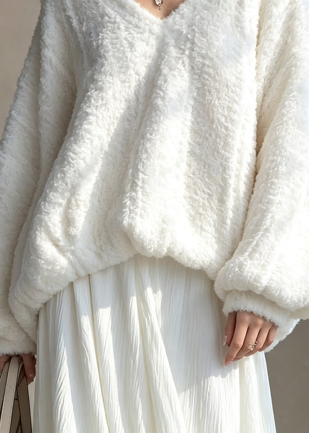 Casual White V Neck Patchwork Faux Fur Blouse Tops Fall