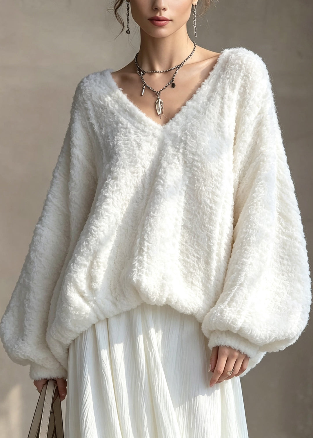 Casual White V Neck Patchwork Faux Fur Blouse Tops Fall
