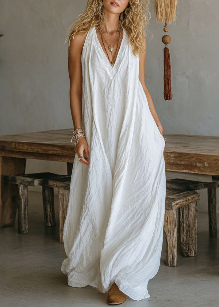 Casual White V Neck Pockets Cotton Long Dress Sleeveless