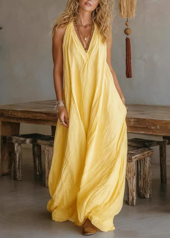 Casual White V Neck Pockets Cotton Long Dress Sleeveless
