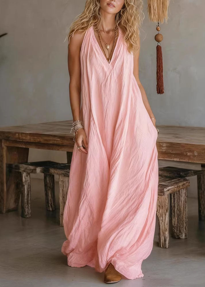 Casual White V Neck Pockets Cotton Long Dress Sleeveless