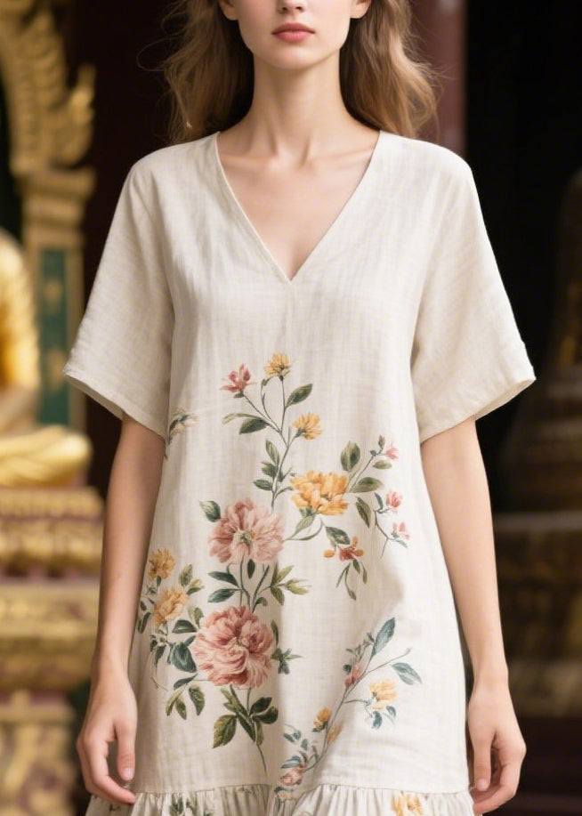 Casual White V Neck Print Linen Dresses Summer