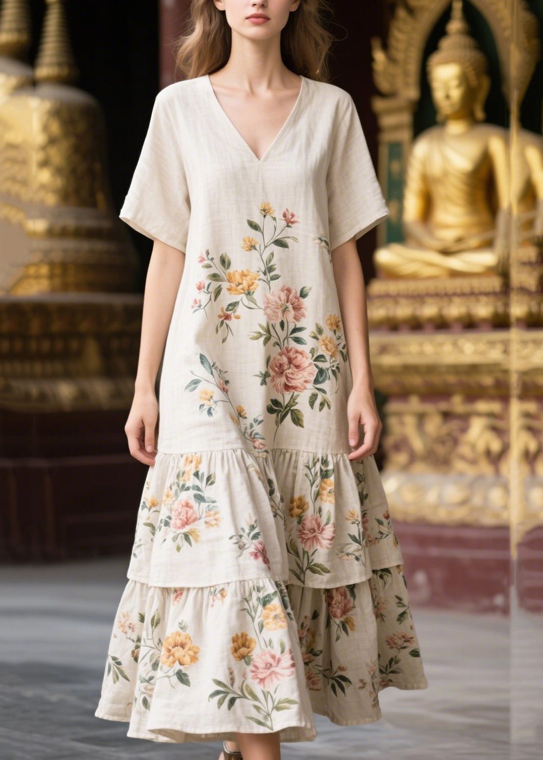 Casual White V Neck Print Linen Dresses Summer