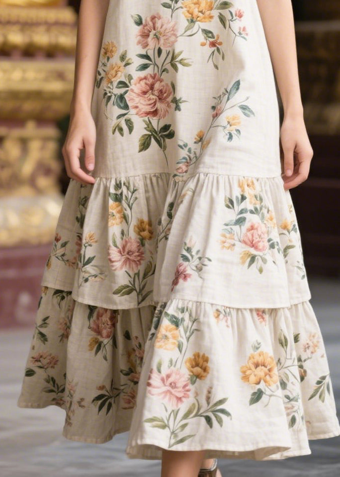 Casual White V Neck Print Linen Dresses Summer