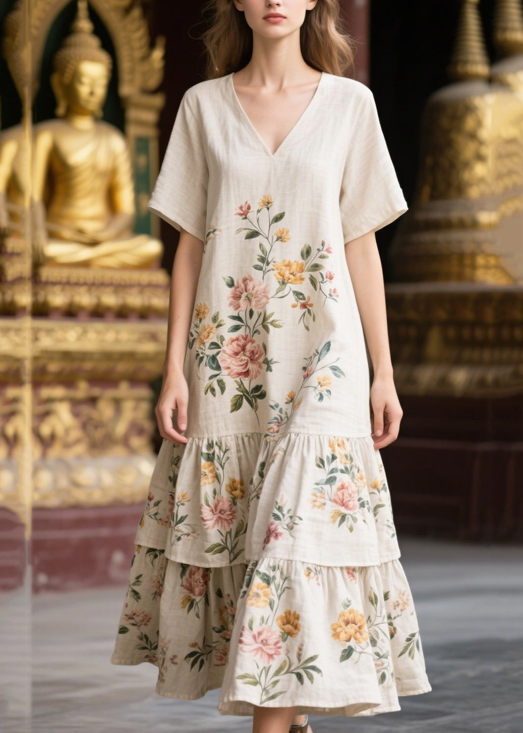 Casual White V Neck Print Linen Dresses Summer