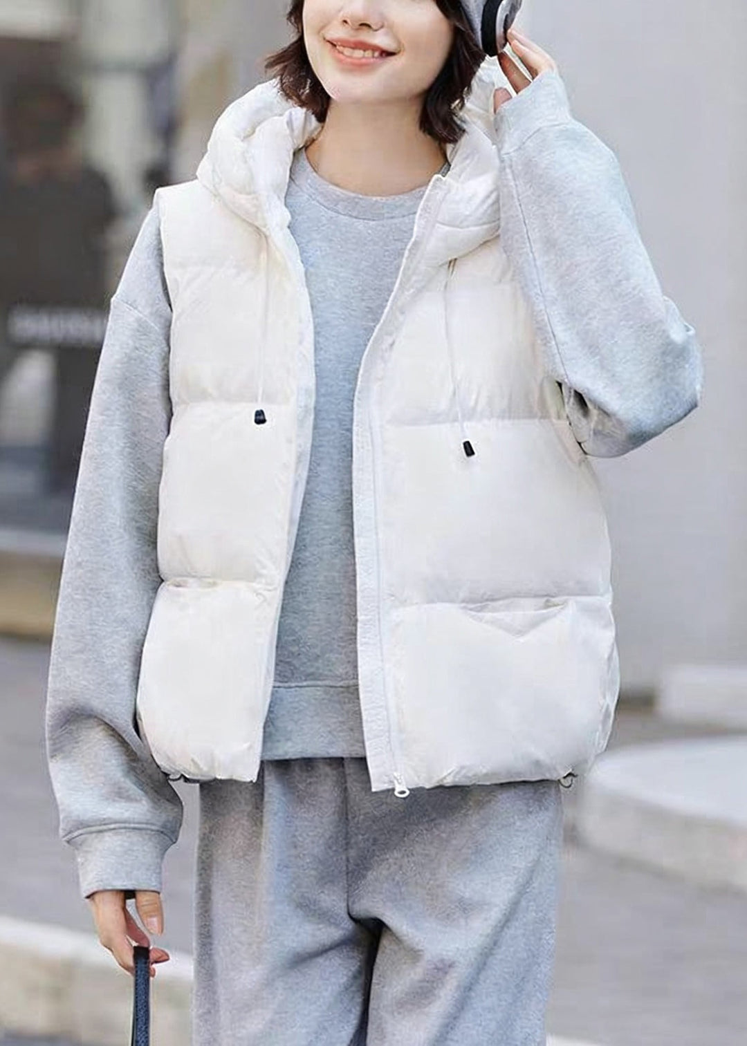 Casual White Zip Up Pockets Drawstring Duck Down Waistcoat Winter