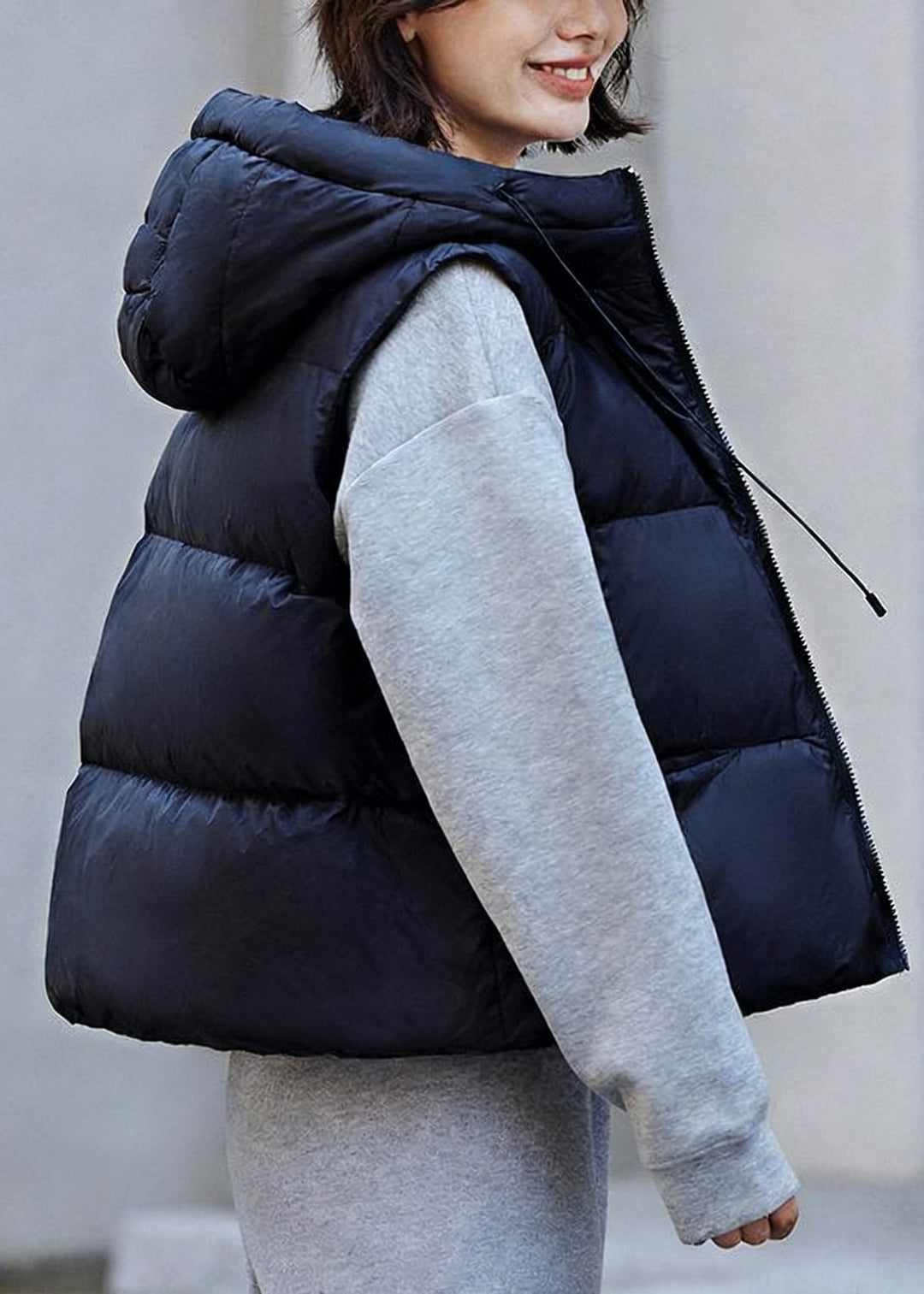 Casual White Zip Up Pockets Drawstring Duck Down Waistcoat Winter