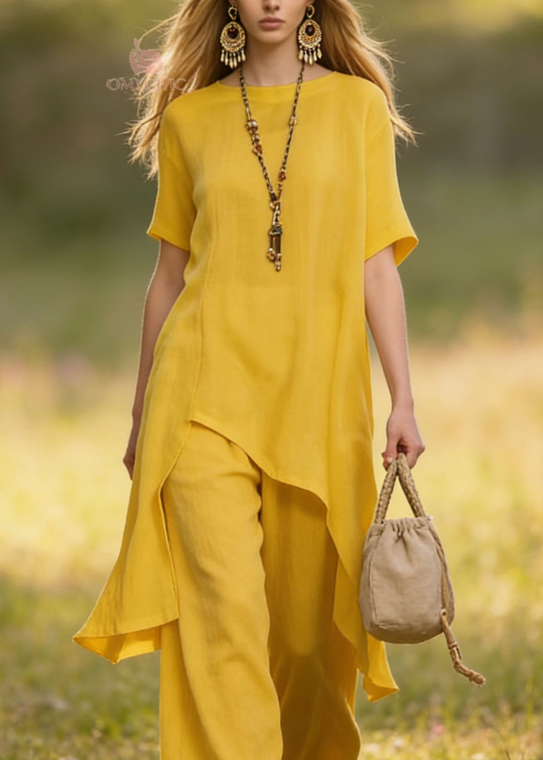 Casual Yellow Asymmetrical Plus Size Cotton Women Sets 2 Pieces Summer
