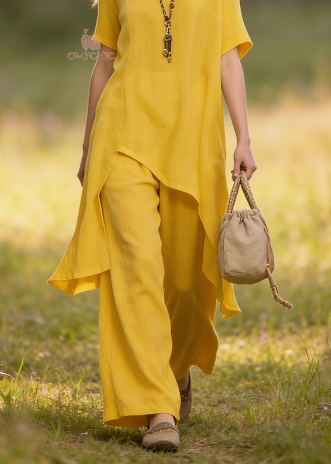Casual Yellow Asymmetrical Plus Size Cotton Women Sets 2 Pieces Summer