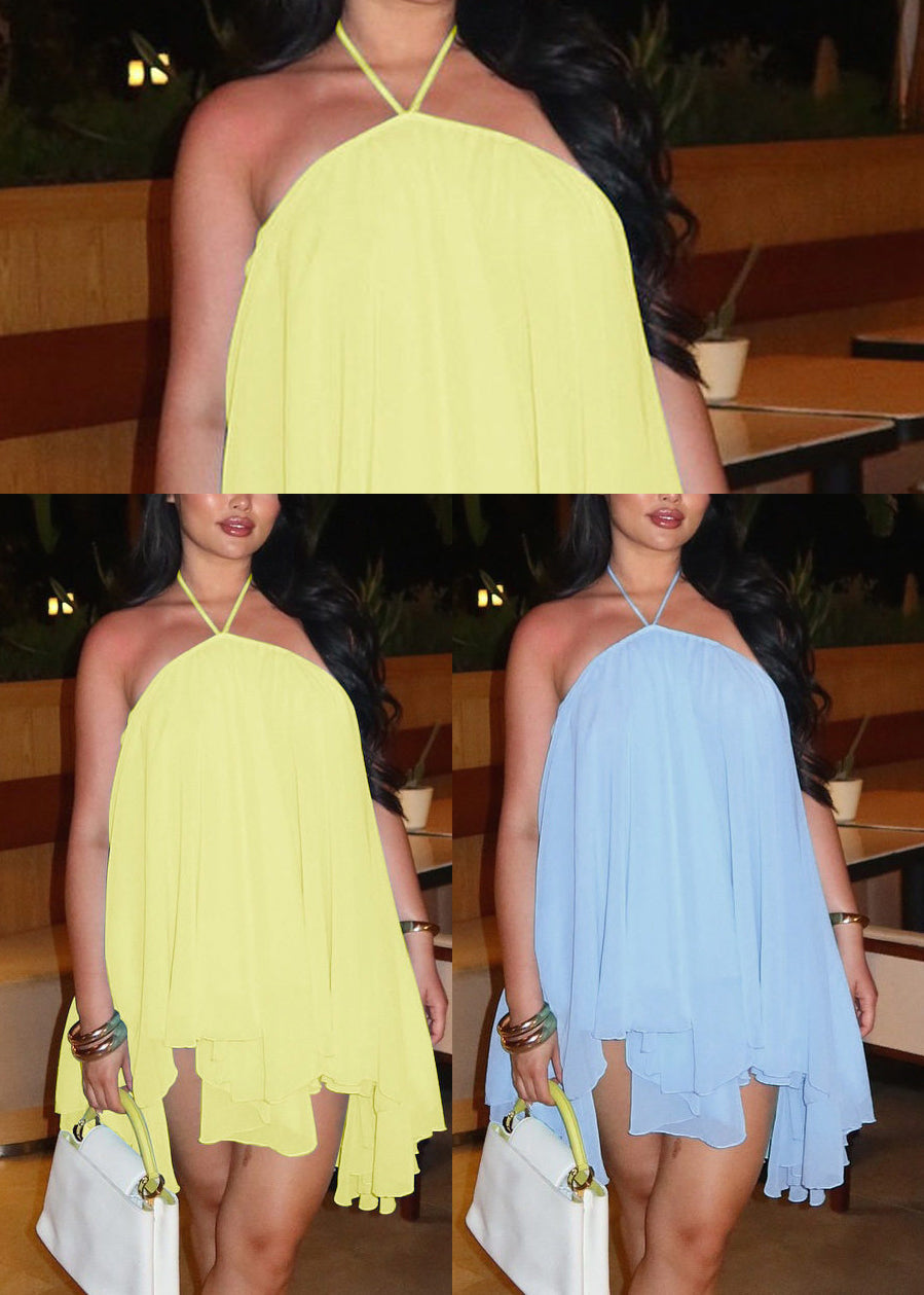 Casual Yellow Backless Halter Chiffon Mini Dress Summer