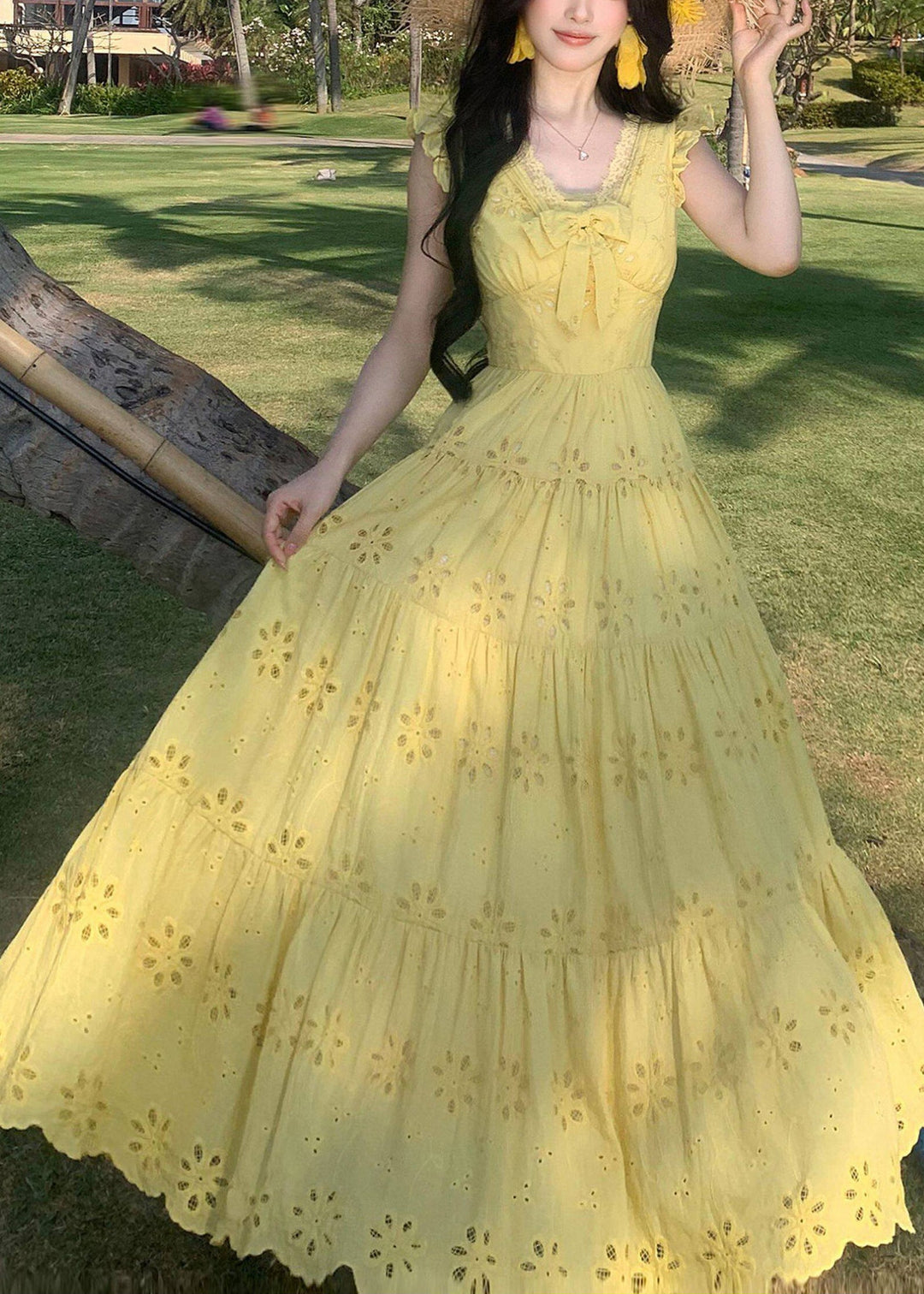 Casual Yellow Embroidered Exra Large Hem Chiffon Holiday Dress Summer