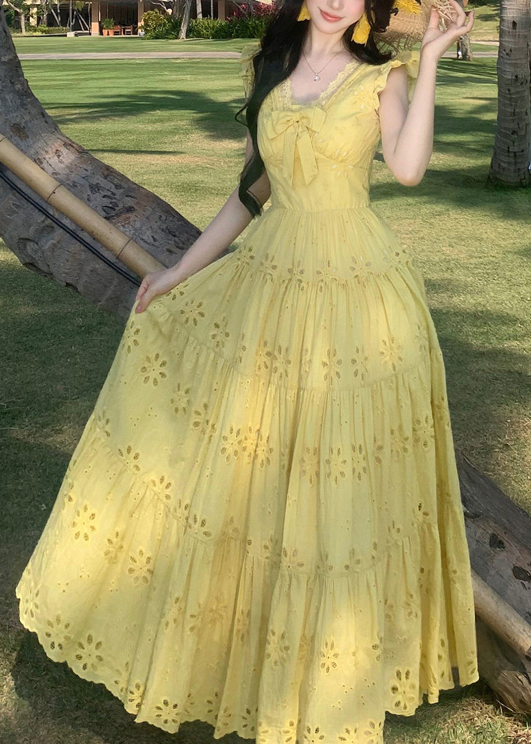 Casual Yellow Embroidered Exra Large Hem Chiffon Holiday Dress Summer