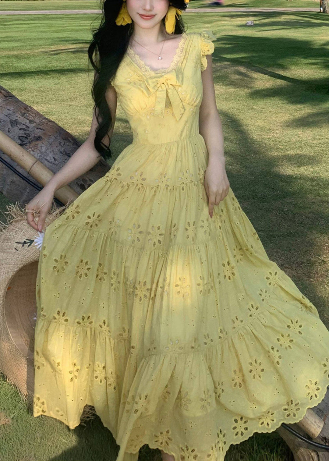 Casual Yellow Embroidered Exra Large Hem Chiffon Holiday Dress Summer