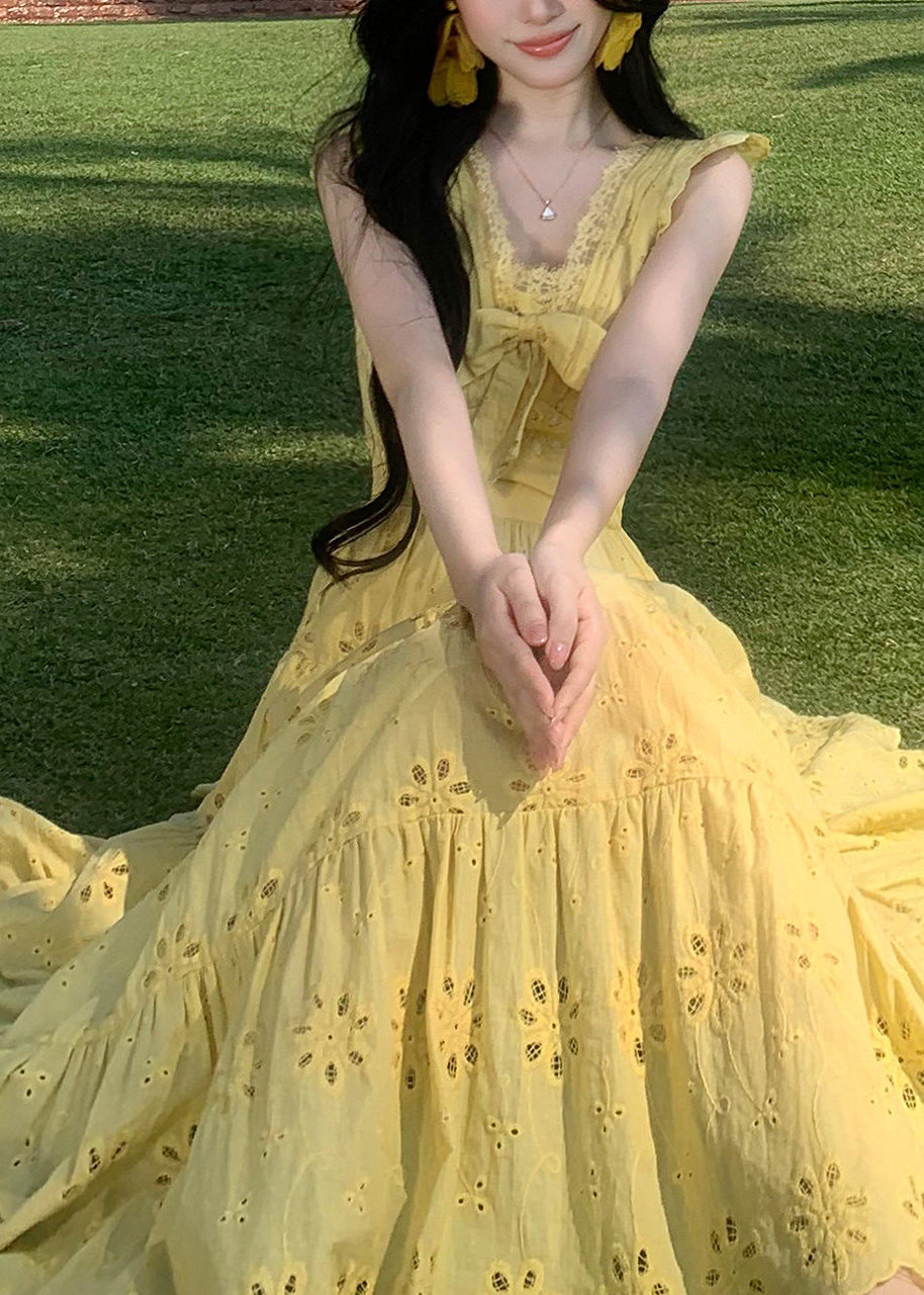 Casual Yellow Embroidered Exra Large Hem Chiffon Holiday Dress Summer
